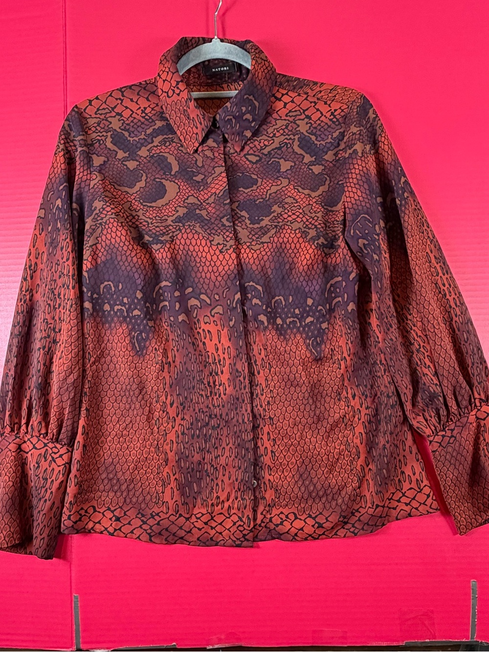 Natori Red and Black Patterned Button-Down Shirt S